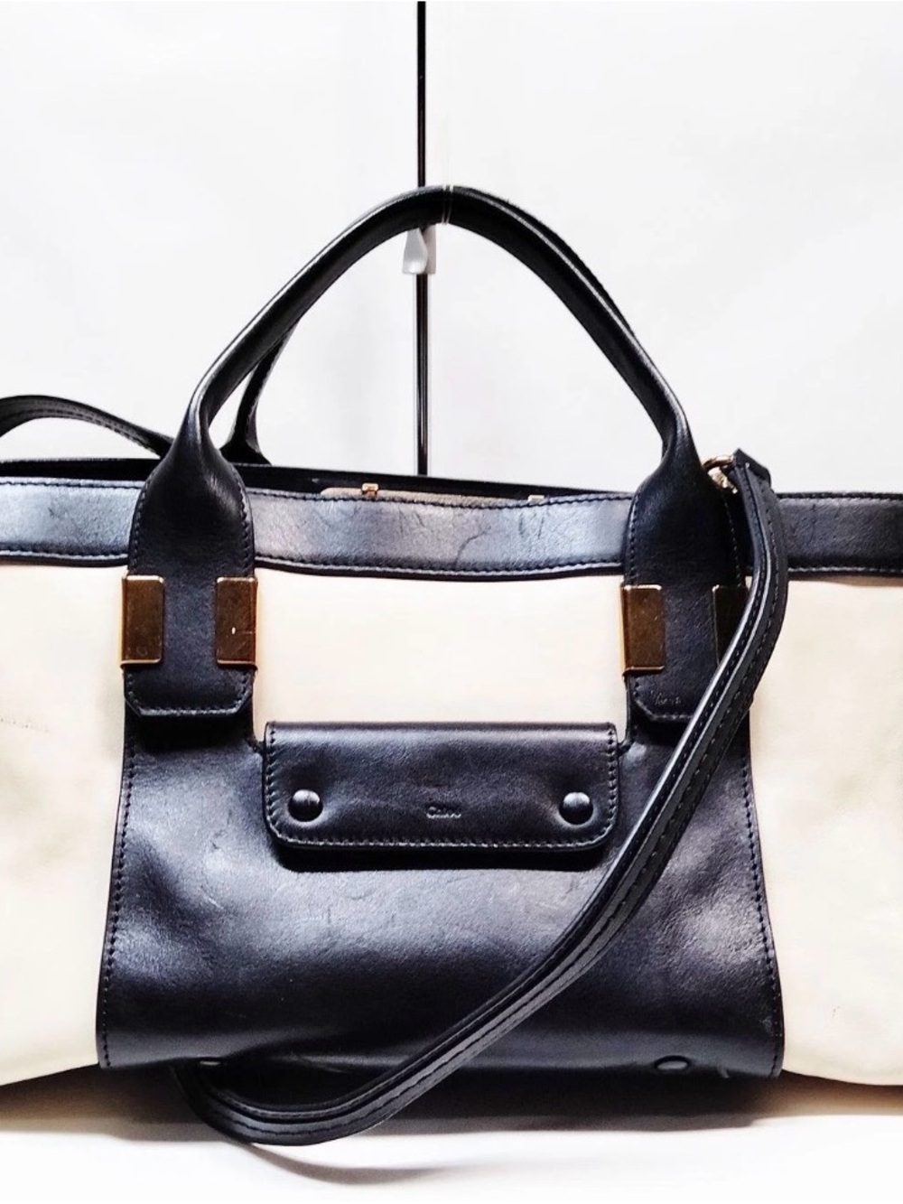 Chloe Alice Two-Tone Black and Cream Structured Satchel with Top Handles